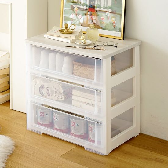 이노스 투명 우드상판 3단 플라스틱 서랍장 옷 정리함