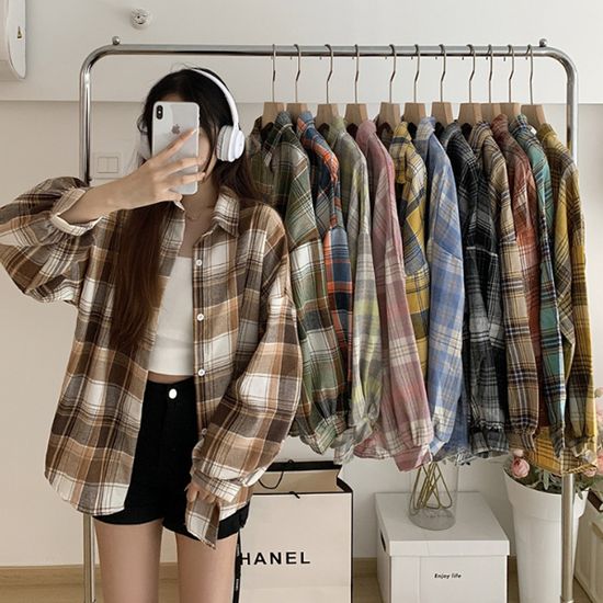 벨로아 루즈핏 체크 빈티지 레이어드 셔츠