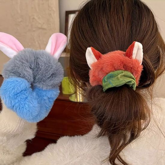 토끼 여우 귀 캐릭터 밍크 털 퍼 곱창 머리 끈 고무줄