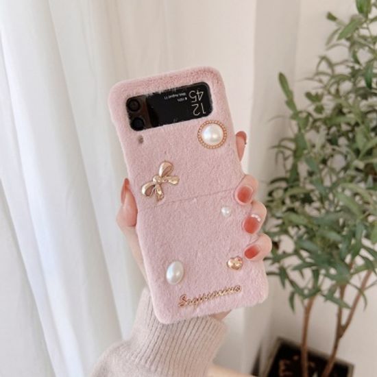 갤럭시 Z플립3 리본 진주 데코덴 겨울 털 하드 케이스