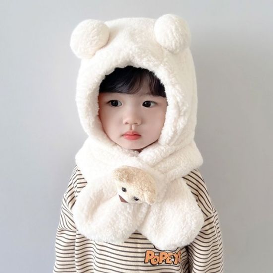 아동 곰인형 양털 후드 머플러 목도리 모자