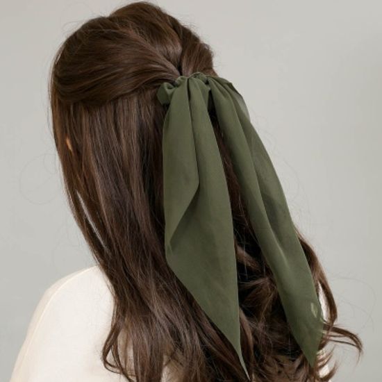 [엔젤슈슈] 쉬폰 롱리본 곱창밴드(카키) 헤어머리끈