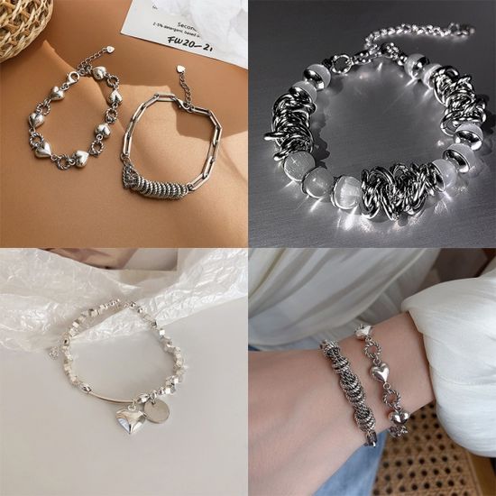 메탈 실버 비즈 하트 티타늄 체인 팔찌 패션 악세사리