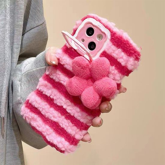 아이폰15 14 13 12 뽀글이 핑크꽃 양털 거치대 케이스