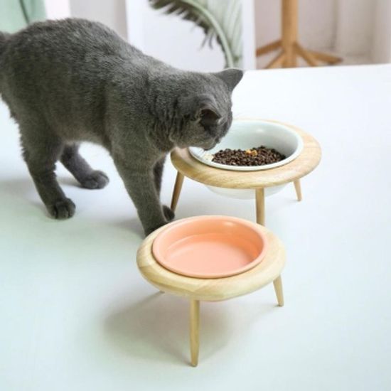 강아지 고양이 도자기 식기 높이조절 원목 밥그릇 물그릇
