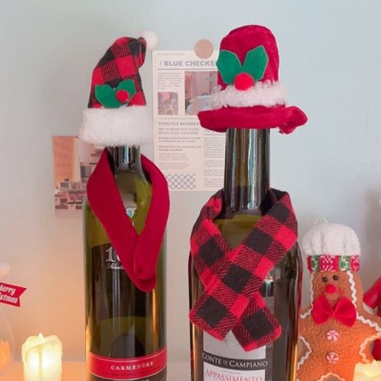 크리스마스 체크 모자 목도리 와인 샴페인 커버