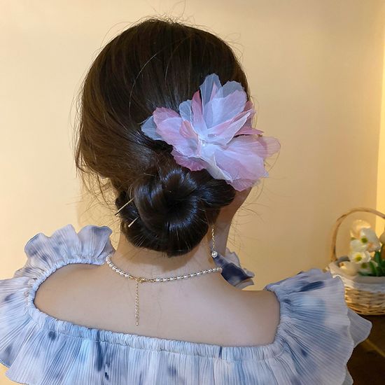 수채화 쉬폰 플라워 체인 진주 드롭 비녀 헤어비녀 핀