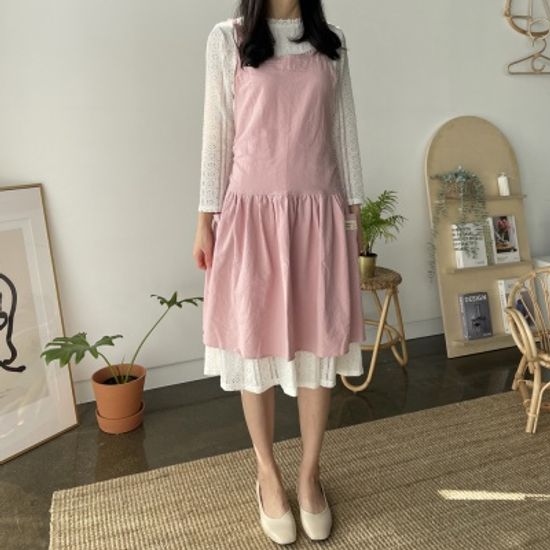 쿠이나 린넨 파스텔 와이드 원피스 앞치마