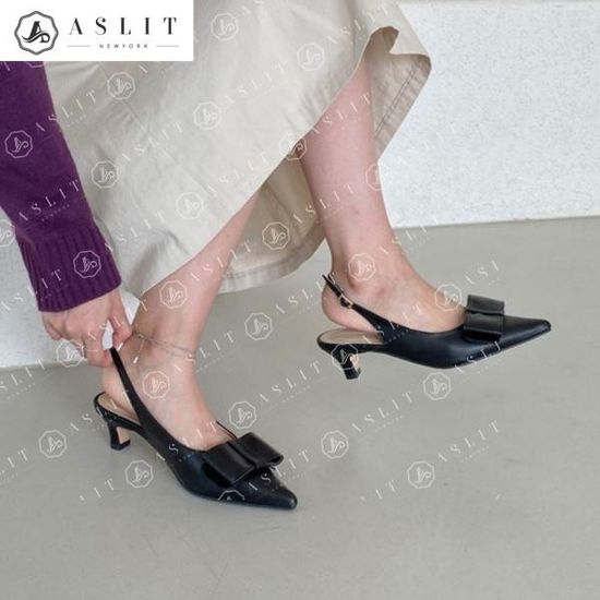[애슬릿]스틸레토 리본 포인트 미들 힐 슬링백