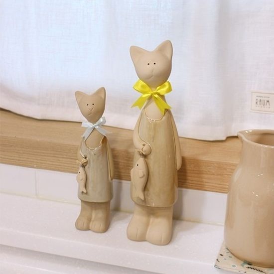 리본 고양이 장식 소품 2p 도자기 인형 인테리어