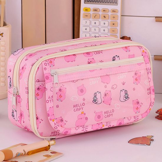 대용량 카피바라 동물 2단 지퍼 천 필통 만능 파우치