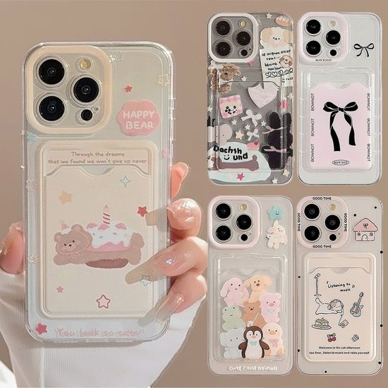 아이폰 감성 동물 캐릭터 투명 카드 지갑 홀더 케이스