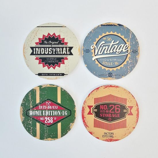 빈티지 팩토리 우드 원형 코스터 4p set