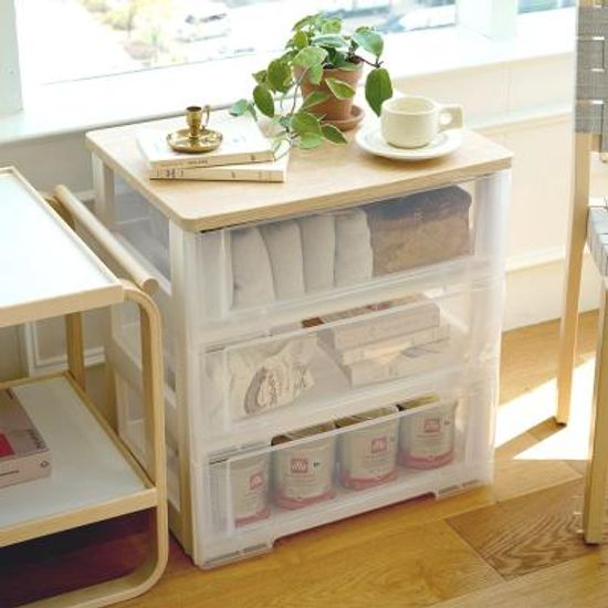 이노스 투명 우드상판 3단 플라스틱 서랍장 옷 정리함