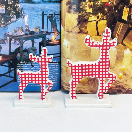 레드 체크 사슴 도자기 장식 인형 2p set