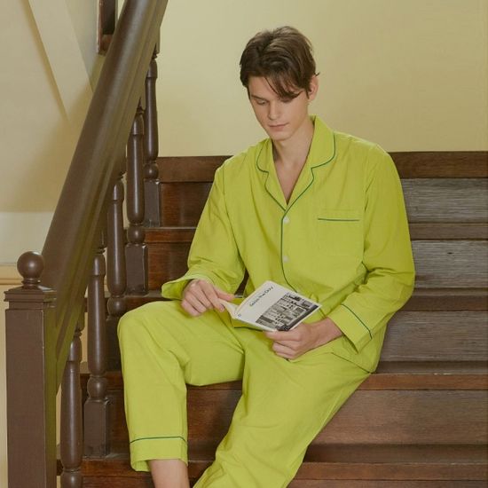 [쿠비카]그린컬러 파이핑 순면 긴소매 남성잠옷 M335