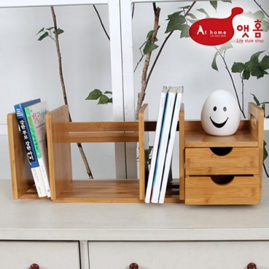앳홈 대나무 원목 2단서랍 슬라이드 탁상책꽂이
