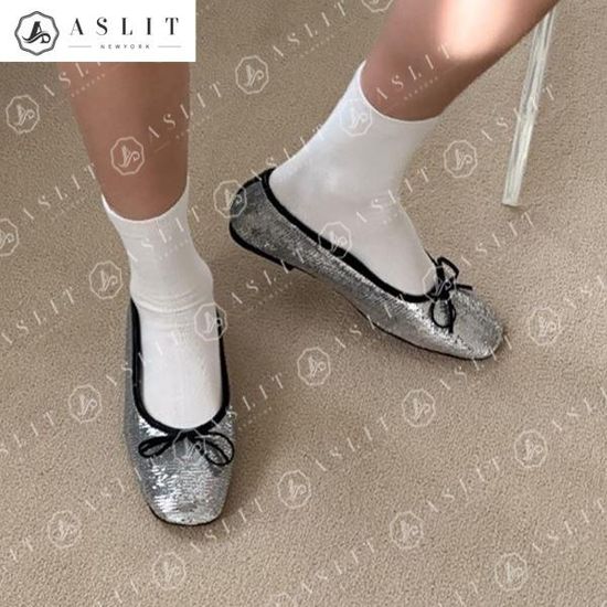 [애슬릿]여성 스팽글 반짝 포인트 리본 플랫 슈즈