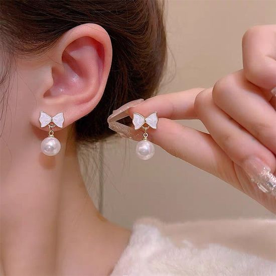 예쁜 골드 자개 리본 진주 드롭 귀걸이 귀여운 귀고리