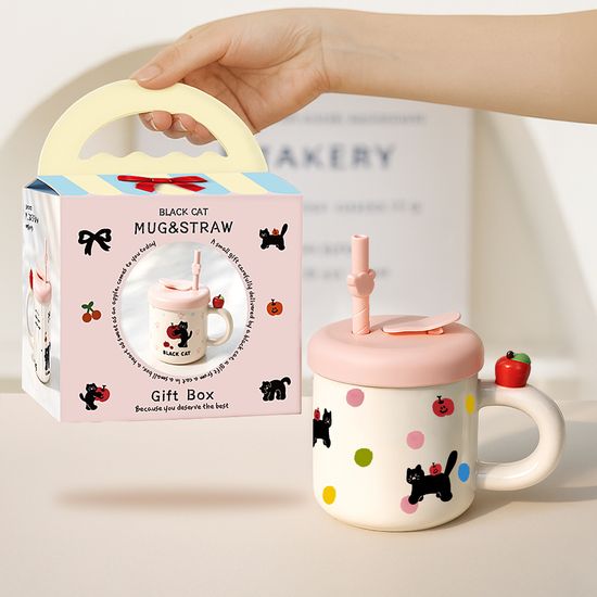 레토 실리콘 빨대 뚜껑 블랙캣 머그컵 세트 380ml