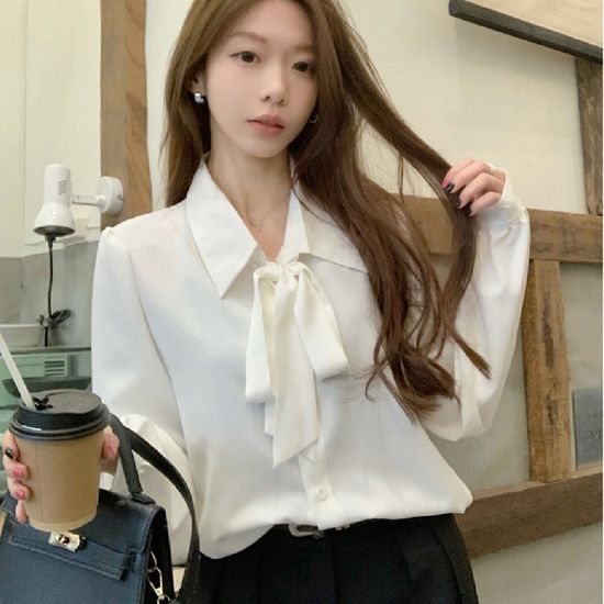 리본 카라 블라우스  여성 남방 데일리 셔츠
