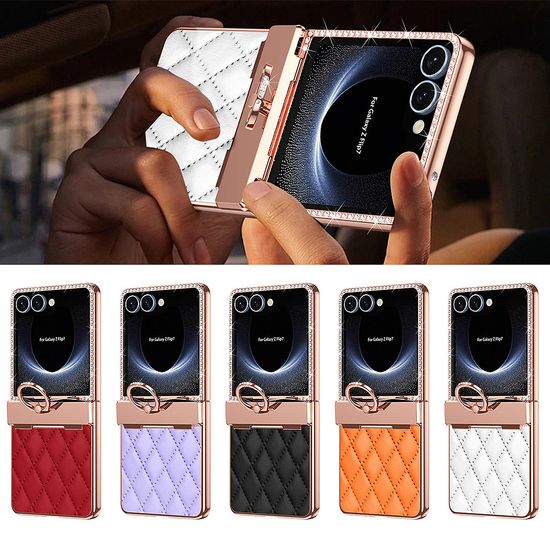 갤럭시 z플립7 퀄팅 가죽 큐빅 데코덴 힌지 링 케이스