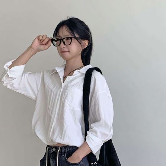 여성 밑단 스트링 세미 크롭 루즈핏 셔츠