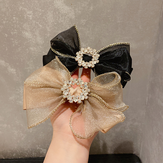 예쁜 쉬폰 큐빅 왕 리본 자동 머리 핀 반묶음 헤어 삔
