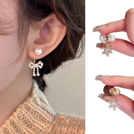예쁜 눈꽃 리본 왕볼 진주 큐빅 드롭 귀걸이 귀고리
