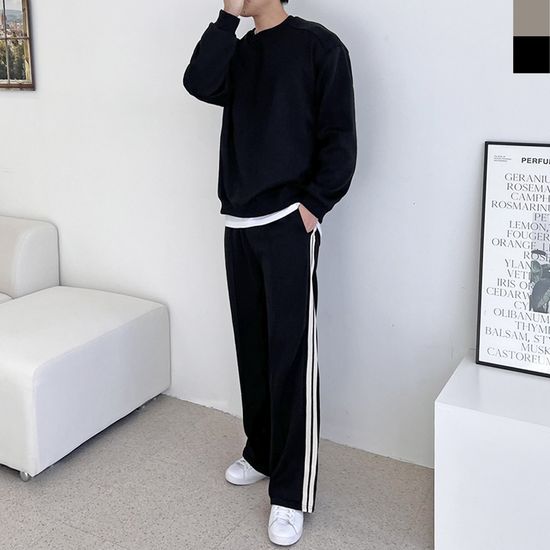 남자 커플 사선 디테일 맨투맨 트랙 팬츠 세트