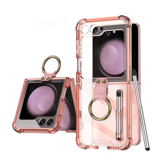 갤럭시 z플립 6 5 4 골드 링 터치펜 포함 투명 케이스