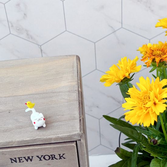 유리 미니어쳐 삐약이와 화이트 야옹이