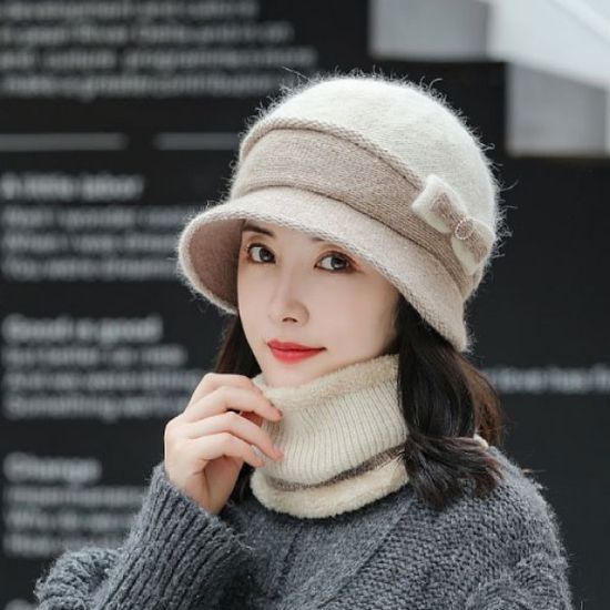 워머 세트 리본 사이드 포인트 배색 모자 워머 세트 