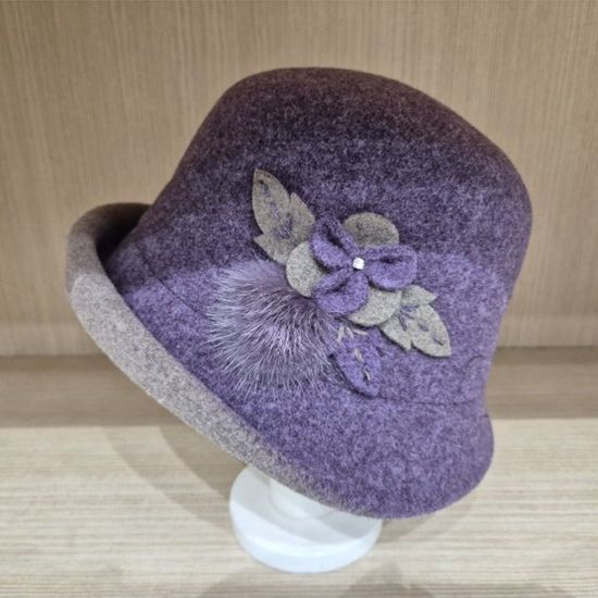 [애슬릿]밍크 방울 꽃 코사지 울 벙거지 여성 모자