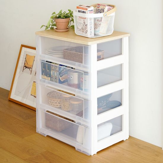 이노스 투명 우드상판 4단 플라스틱 서랍장 옷 정리함