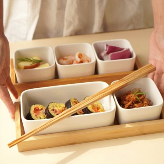 세라믹 화이트 반찬 그릇세트 우드트레이 포함 3type