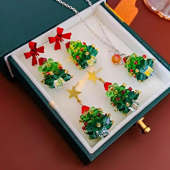 크리스마스트리 비즈 레드리본 별 드롭 귀걸이 목걸이