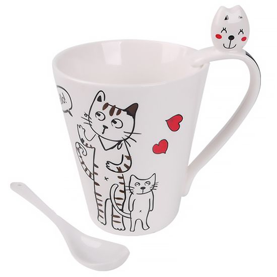 일러스트 고양이 피규어 머그컵 티스푼 세트