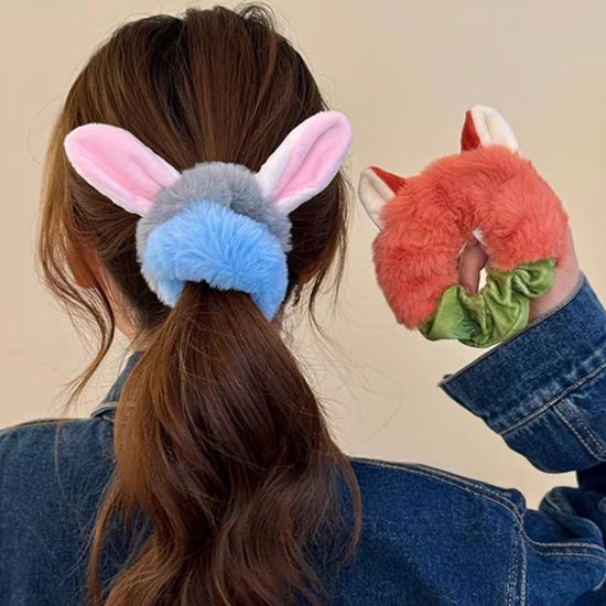 토끼 여우 귀 캐릭터 밍크 털 퍼 곱창 머리 끈 고무줄