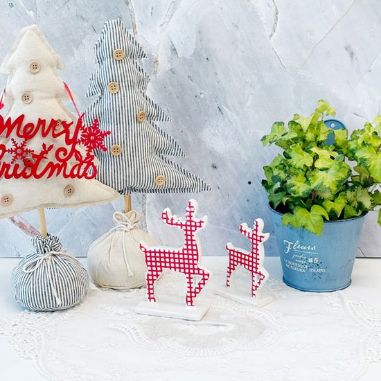 레드 체크 사슴 도자기 장식 인형 2p set