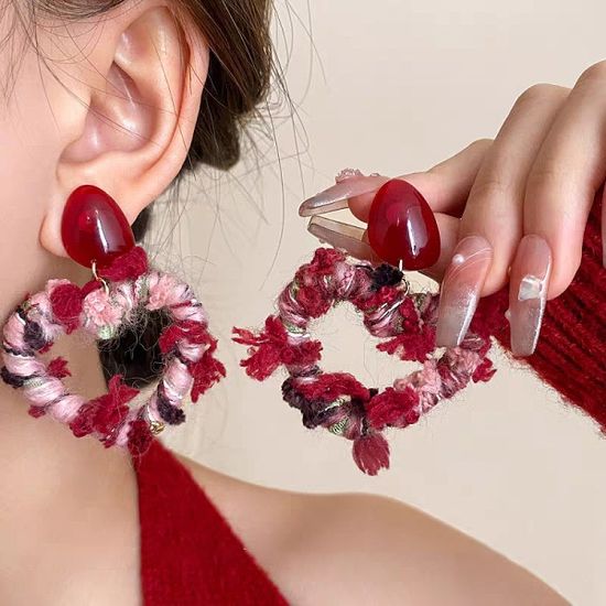 레드 빨간 털실 꼬임 빅하트 링 롱드롭 귀걸이 귀고리