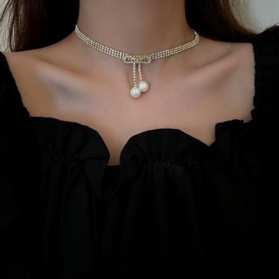 모리코 진주 초커 큐빅 블링 목걸이