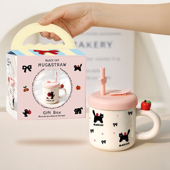 레토 실리콘 빨대 뚜껑 블랙캣 머그컵 세트 380ml