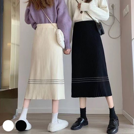 A라인 3줄 포인트 골지 롱스커트 여성 데일리 치마