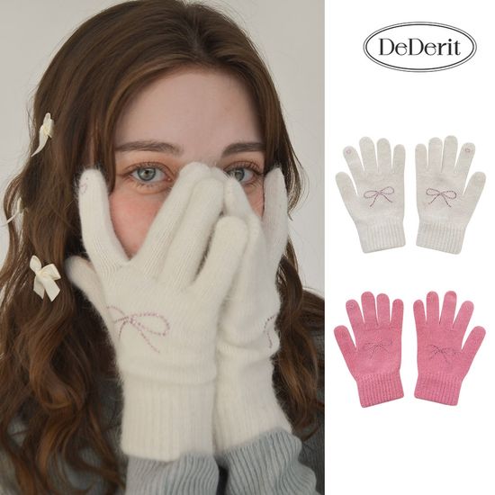 [데데리트]하트 리본 큐빅 핑거홀 터치 울 니트 장갑