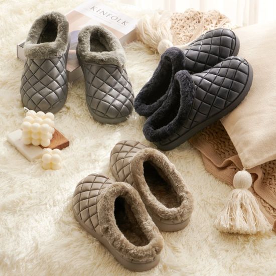 체크 누빔 웜 슬리퍼 남녀공용 겨울 털슬리퍼