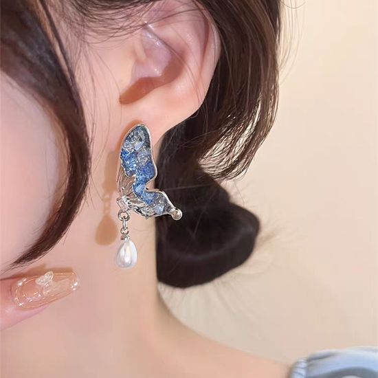 크리스탈 나비 진주 드롭 귀걸이 여름 패션 악세사리