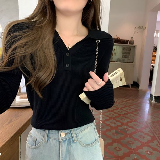 부드러운 투버튼 카라 브이넥 골지 니트 여성 캐주얼