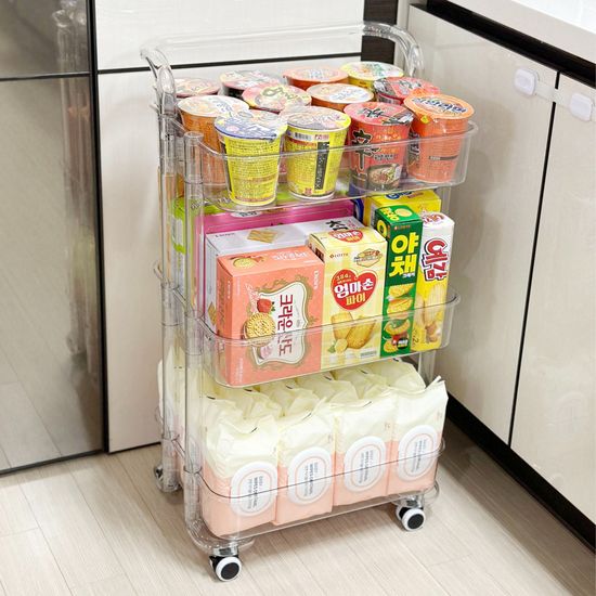 올지 투명 트롤리 수납함 3단 주방 360도 회전 카트