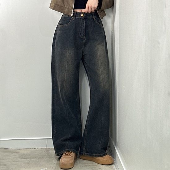 브라운 빈티지 워싱 여자 청바지 롱 데님 팬츠 와이드